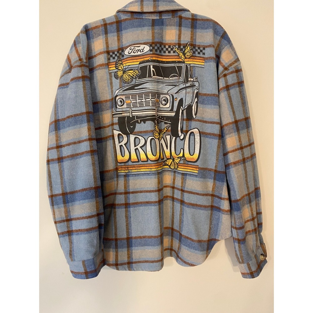 Ford Bronco Plaid Flannel Shirt Jacket Blue Brown Butterfly Graphic Womens Large